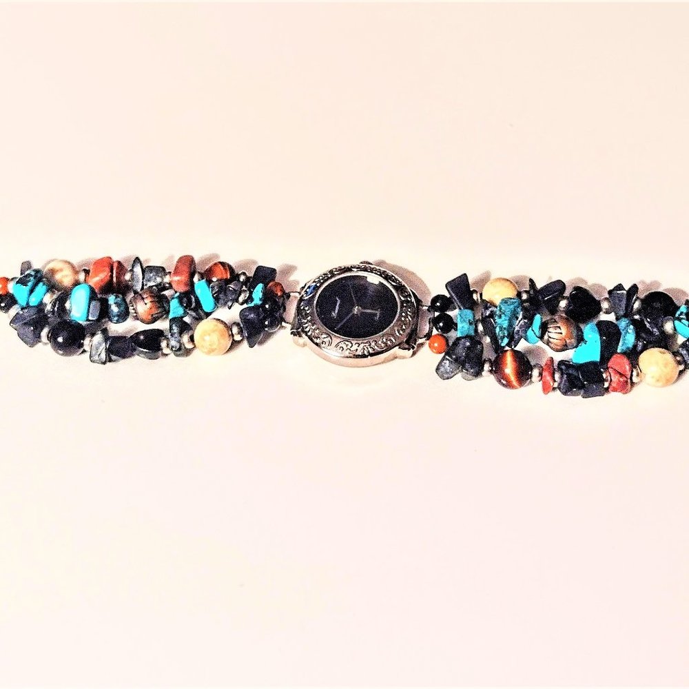 VTG Women's Qtz Watch ~ Beaded Band ~ Silver Tone Bezel ~ Heart & Arrow Toggle